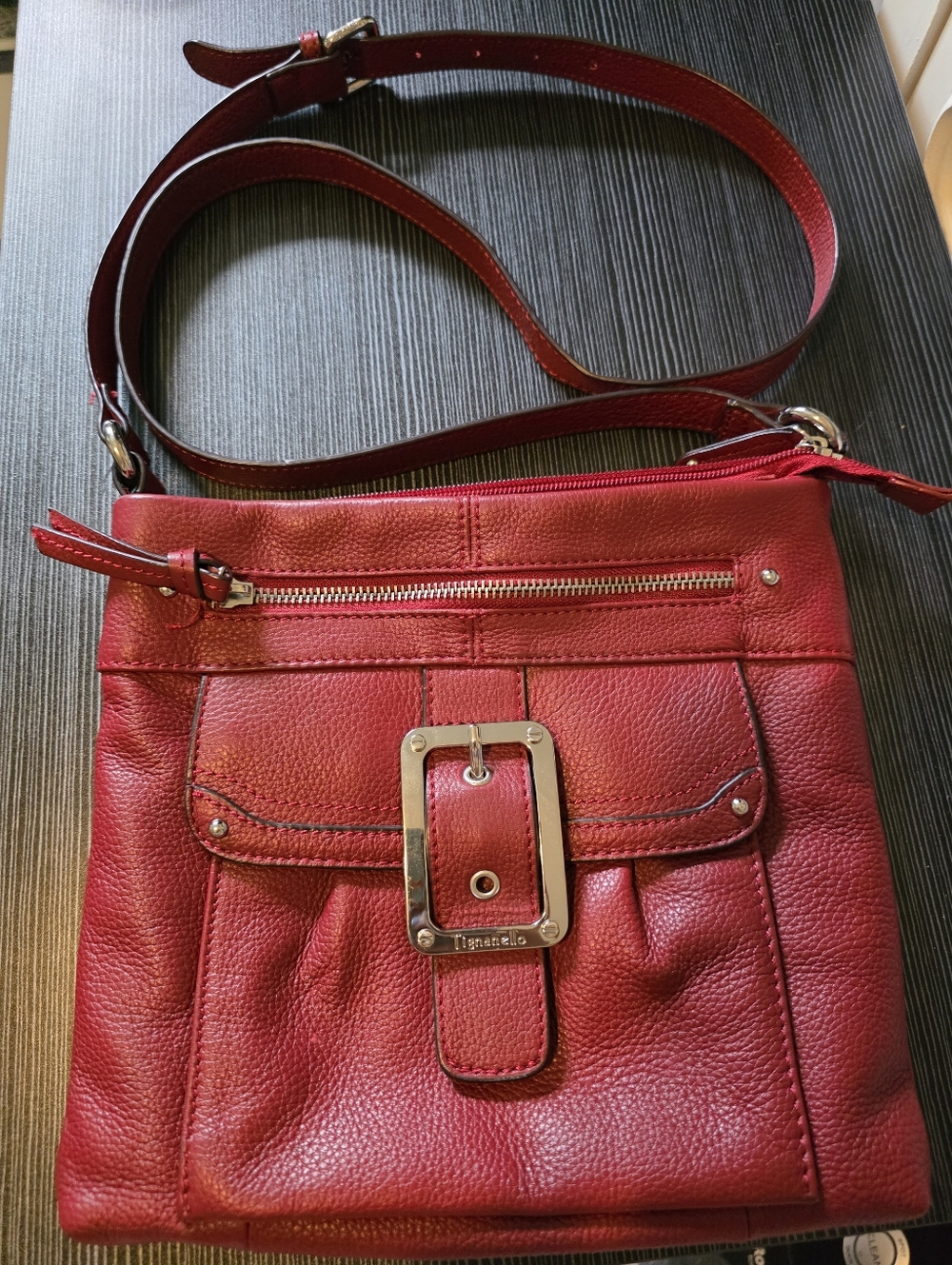TIGNANELLO Red Pebbled Leather Crossbody with Silver Tone Hardware Shoulder Bag